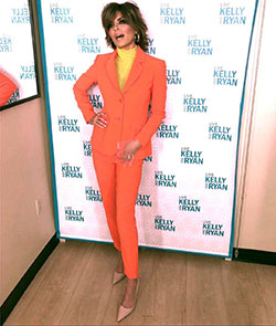 Lisa rinna in orange and yellow: Blazer Outfit,  Orange Dress  
