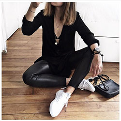 Leather leggings and white sneakers: College Outfit Ideas,  Casual Outfits,  Leather Leggings  