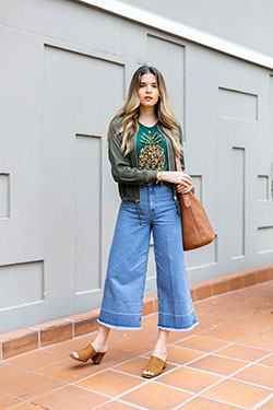 Super classy and stylish denim culottes zara, Flight jacket: Crop Pants Outfit,  Denim T-Shirt  