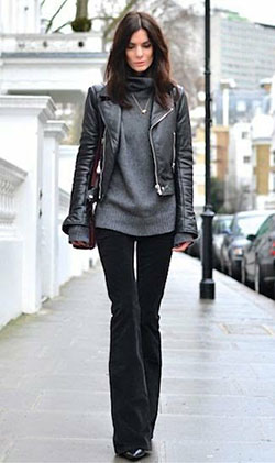 Black flared pants outfits, Street fashion: Polo neck,  black trousers,  Bootcut Jeans  