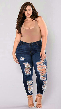 Plus size bodysuit and jeans: Plus size outfit,  Ripped Jeans,  Slim-Fit Pants,  Plus-Size Model  