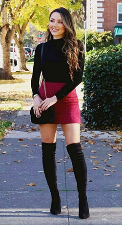 Skater skirt with thigh high boots: High-Heeled Shoe,  Boot Outfits,  Over-The-Knee Boot,  Skirt Outfits  
