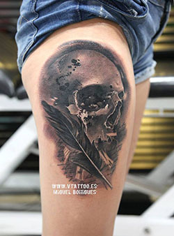 Skull and feather tattoo, Sleeve tattoo: Sleeve tattoo,  Tattoo artist,  Tattoo Ideas  