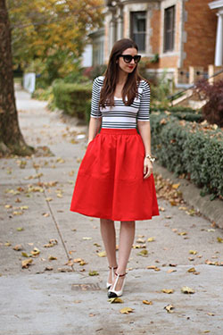 Full skirt striped top, High-heeled shoe: High-Heeled Shoe,  Skirt Outfits  