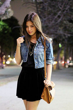 Short denim jacket with dress: Ripped Jeans,  Jean jacket,  Pencil skirt,  Skirt Outfits  