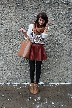 Sweater skirt tights outfit, Leather skirt: winter outfits,  Skater Skirt,  Skirt Outfits,  Leather skirt  