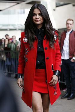 Fashion of today's need red coat outfit, Dress shirt: Leather jacket,  shirts,  Selena Gomez,  Casual Outfits  