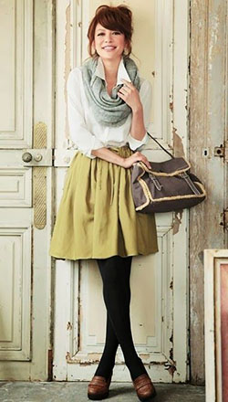 Yellow skirt black tights, Winter clothing: winter outfits,  shirts,  Skater Skirt,  Skirt Outfits,  Casual Outfits  