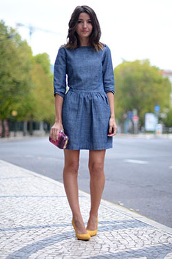 Once in the life time denim dress style, Denim skirt: Denim skirt,  Fashion week,  Casual Friday,  Street Style,  Casual Outfits,  Yellow Shoes  