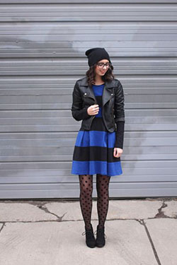 Outfits With Polka Dot Tights, Cizgili Elbise (siyah), Polka dot tights: Leather jacket,  Outfit With Tights  