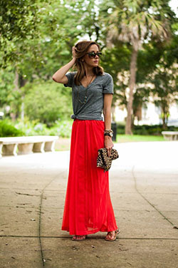 Red long skirt outfit, Maxi dress: Animal print,  Skirt Outfits,  Maxi dress,  Casual Outfits,  Twirl Skirt,  High-Low Skirt,  Swing skirt  