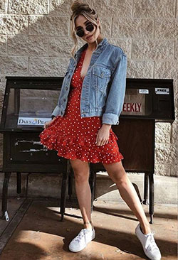 Red polka dot dress with blazer: Jean jacket,  Denim jacket,  Casual Outfits  