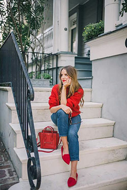 Camisa roja jeans y zapatos rojos: Vintage clothing,  Ballet flat,  College Outfit Ideas,  Casual Outfits  