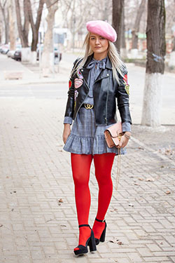 Dresses With Tights: High-Heeled Shoe,  Leather jacket,  Tights outfit  