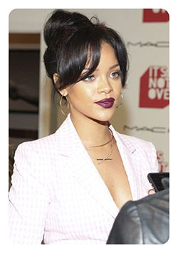 Top knot bun with bangs: Long hair,  Top knot,  MAC Cosmetics,  Rihanna Best Looks  