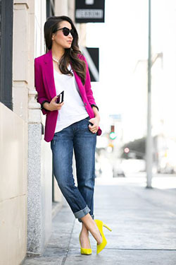 Know more about these blazer magenta, Casual wear: Stiletto heel,  Casual Outfits,  Yellow Shoes  