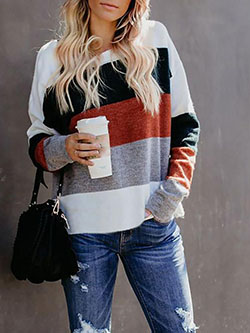 Long-sleeved Block Sweaters For Girls: Long-Sleeved T-Shirt,  Sweaters Outfit,  Stripe Sweater  