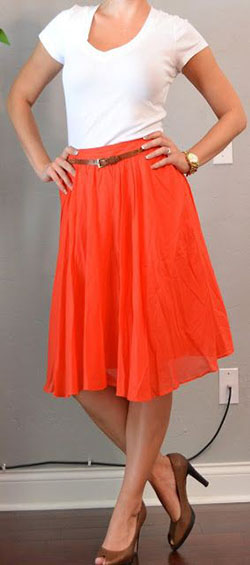 Orange midi skirt and white top: Cocktail Dresses,  Pencil skirt,  Skirt Outfits,  Casual Outfits  