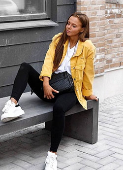 Everyday treat yellow jacket outfit, Casual wear: Jean jacket,  Brandy Melville,  Business Outfits,  Casual Outfits  