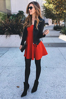 Get that look red outfits, Red Skater Dress: Leather jacket,  Skirt Outfits  