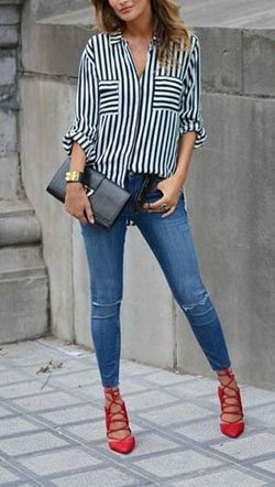 Red heels and jeans outfit: High-Heeled Shoe,  Slim-Fit Pants,  Red Shoes Outfits  