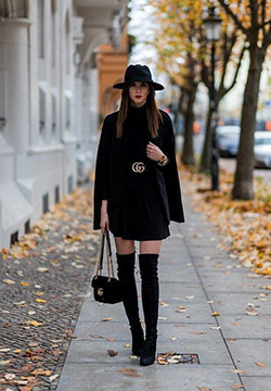 Nice to try ideas for winter fashion pinterest 2019, Street fashion: winter outfits,  Over-The-Knee Boot,  fashion blogger,  Cape dress,  Street Style,  Casual Outfits,  Black Dress Outfits  
