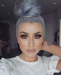 Silver hair with green eyes: Hair Color Ideas,  Hairstyle Ideas,  Bun Hairstyle  