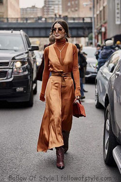 Casual style dressing street style, Street fashion: Street Style,  Polo neck,  Slip dress,  Fashion week,  Casual Outfits,  Brown Outfit  