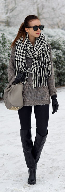 Black and grey winter outfits: winter outfits,  Boot Outfits,  Scarves Outfits  