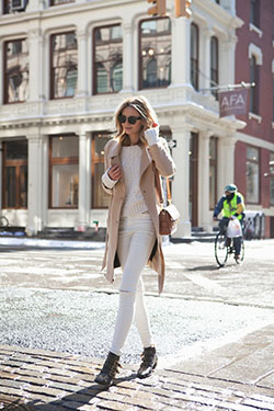 White jeans winter outfit, Winter clothing: winter outfits,  Slim-Fit Pants,  Over-The-Knee Boot,  Boot Outfits,  Street Style,  Casual Outfits  