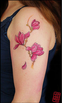Japanese magnolia flower tattoo, Sleeve tattoo: Sleeve tattoo,  Magnolia liliiflora,  Tattoo artist,  Tattoo Ideas  
