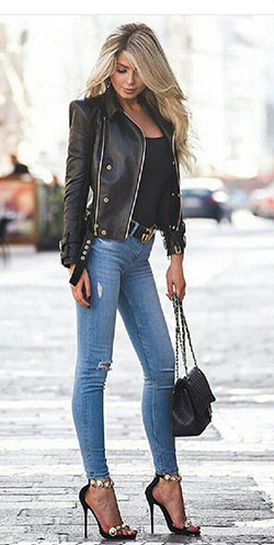 Jeans and heels party, Leather jacket: High-Heeled Shoe,  Leather jacket,  Slim-Fit Pants,  shirts,  Jeans Outfit,  Peep-Toe Shoe,  Black Leather Jacket  
