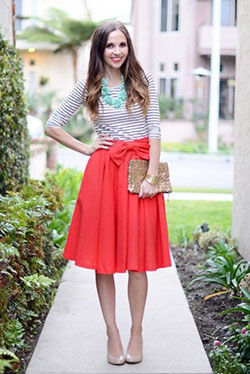 Red skirt and white top: Skirt Outfits,  Navy blue  