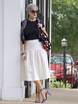 Outfits With White Skirt, Black Pleated Skirt, Polka dot: Denim skirt,  Skirt Outfits,  Ann Taylor,  Pleated Skirt  