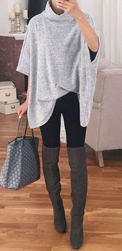 How to carry gray poncho outfit, Winter clothing: winter outfits,  Boot Outfits,  Petite size,  College Outfit Ideas,  Cashmere wool  
