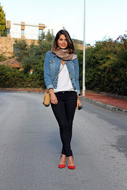 Outfits with red flats, Jean jacket: Jean jacket,  Business casual,  Ballet flat,  Red Shoes Outfits  