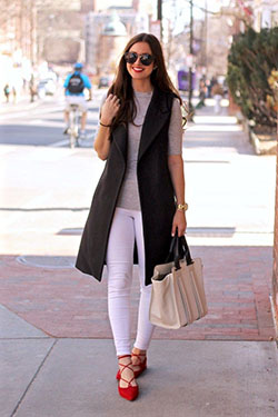 Inspire every girl long vest outfit, Casual wear: Sleeveless shirt,  Trench coat,  Casual Outfits,  Flat Shoes Outfits  