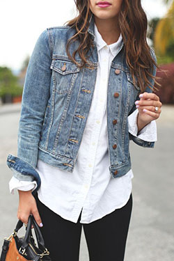 Blouse and denim jacket, Jean jacket: Jean jacket,  shirts,  Casual Outfits,  Jacket Outfits  