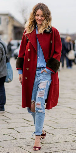 Holiday Outfit Ideas For Women, Denim And Red, Ripped jeans: Ripped Jeans,  Trench coat,  Fashion week,  holiday outfit,  Street Style,  Casual Outfits,  Denim Shirt,  Boyfriend Jeans  