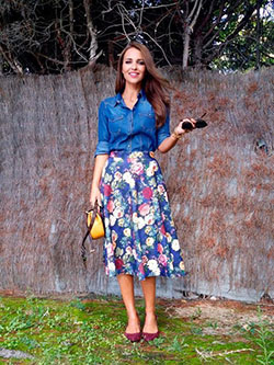 Denim shirt floral skirt, Modest fashion: shirts,  Pencil skirt,  Fashion week,  Casual Outfits,  Midi Skirt Outfit,  Floral Midi  