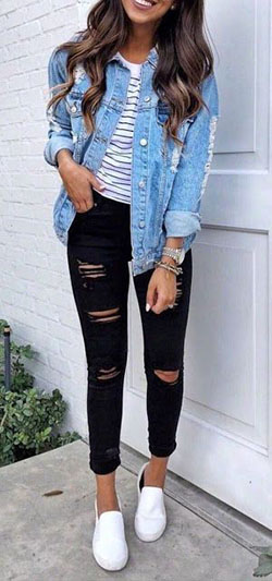 Denim jacket outfit ideas, Jean jacket: Ripped Jeans,  Jean jacket,  Cute outfits,  Casual Outfits  