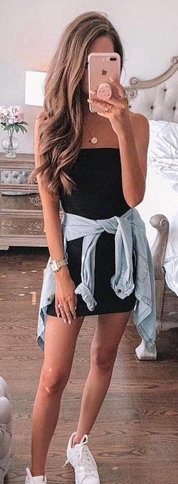Chambray shirt tied around dress: shirts,  Strapless dress,  Spring Outfits  