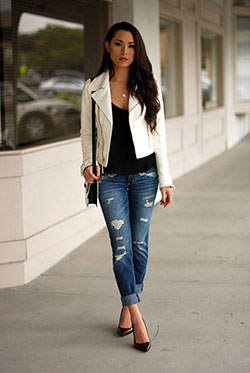 White leather jacket outfit: Leather jacket,  Slim-Fit Pants,  Skinny Women Outfits  