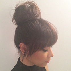 High messy bun with bangs: Bob cut,  Long hair,  Top knot,  Bun Hairstyle,  Hot Beauty  