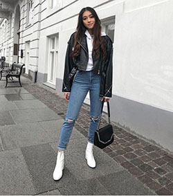 Perfect style for white boots outfit, Leather jacket: Leather jacket,  Boot Outfits,  Jeans Outfit,  Casual Outfits  