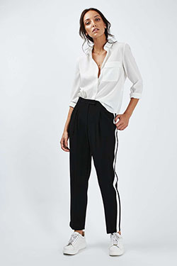 Side stripe peg trousers, Black Trousers: shirts,  Harem pants,  black trousers,  Trouser Outfits,  Stripe Trousers,  Joggers  