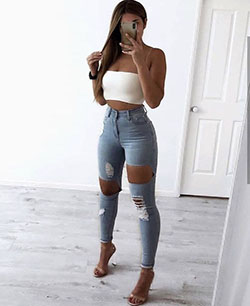 Honey crush jeans high waisted: Ripped Jeans,  Denim skirt,  Crop top,  Skinny Women Outfits  