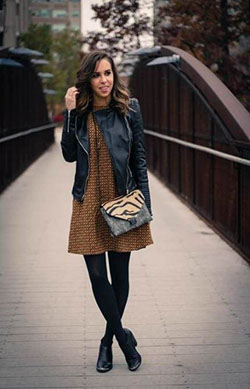 Swing dress for fall, Leather jacket: winter outfits,  Leather jacket,  Church Outfit,  Casual Outfits,  Black Leather Jacket  