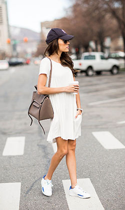 Dress and sneakers night style: Baseball cap,  Street Style,  Casual Outfits,  Street Outfit Ideas  