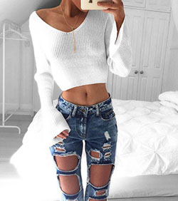 Ripped distressed jeans women, Casual wear: blue jeans outfit,  Ripped Jeans,  Crop top,  Slim-Fit Pants,  Casual Outfits  